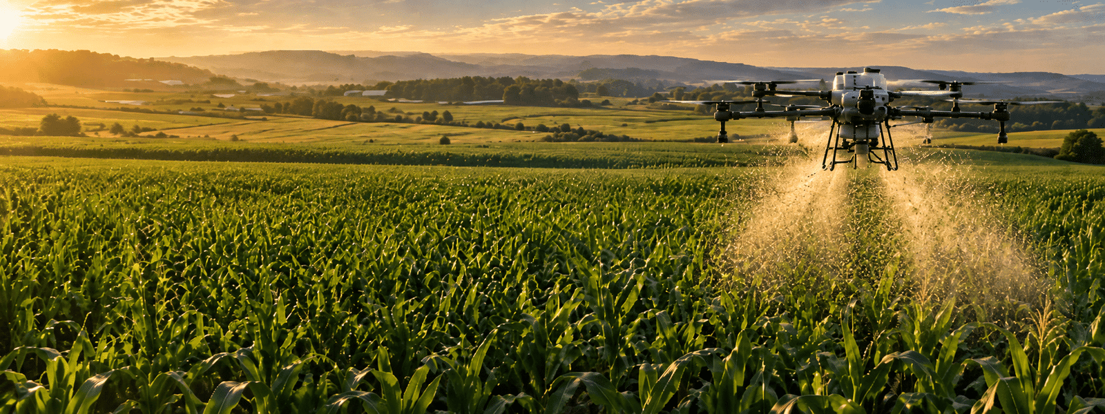 DJI Agras T55 fumigando un cultivo de maíz con sistema de pulverización agrícola, de venta en Scorpion Drones con precio en México
